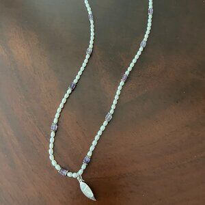 Seed Pearl Necklace with Amethyst and Silver Leaf